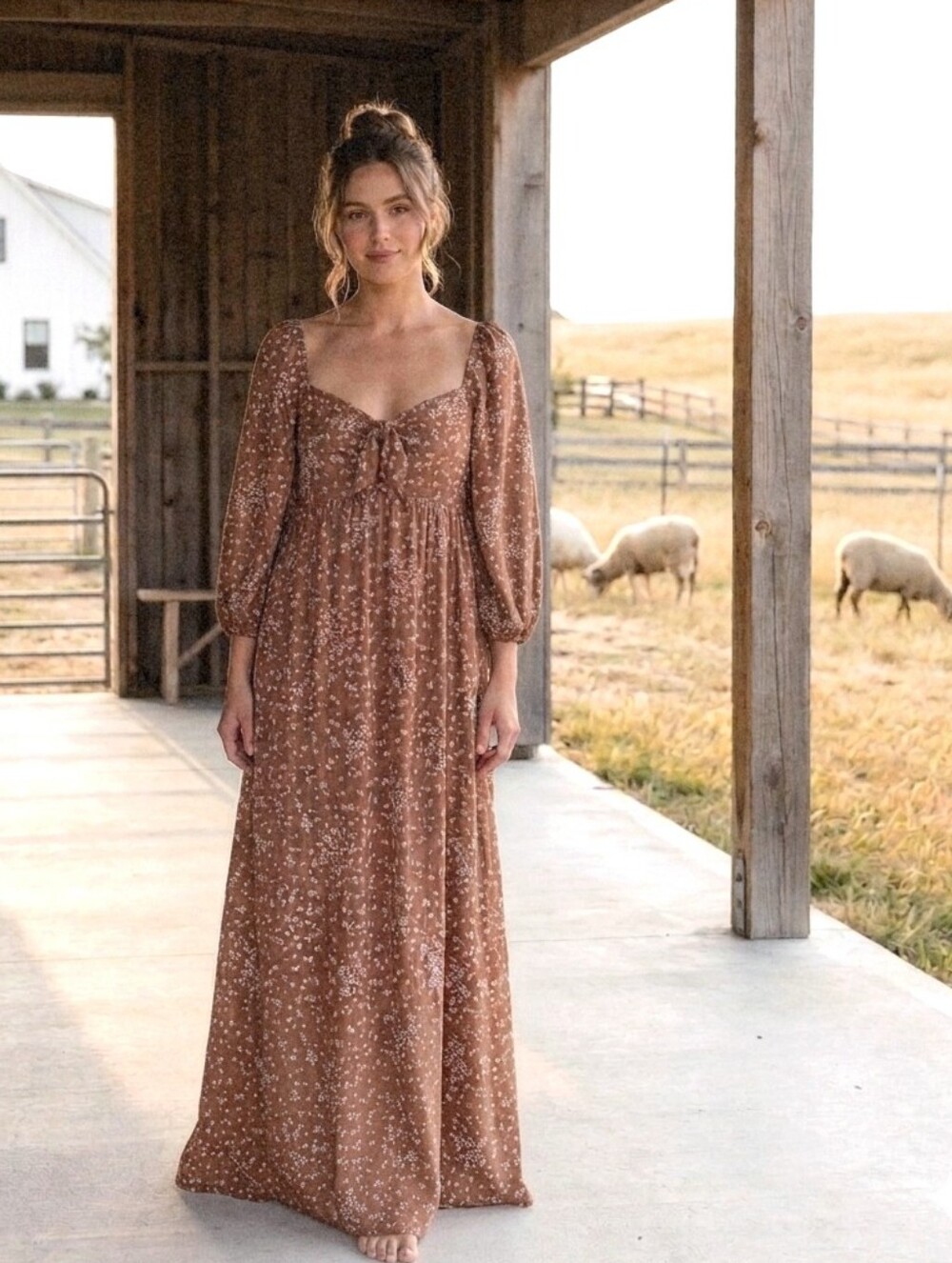 Lush Muave Brown Floral Off The Shoulder Balloon Sleeve Maxi Dress